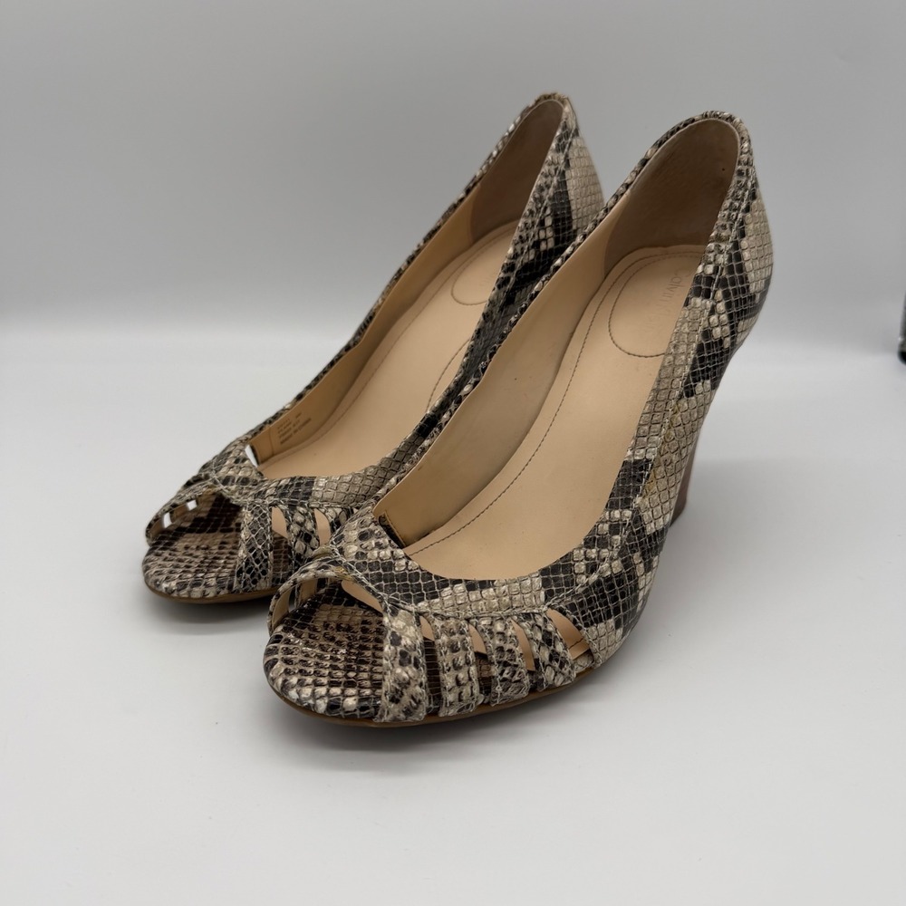 Calvin Klein Flare Snakeskin Print Wedge Sandals Peep Toe Heels Size 8M